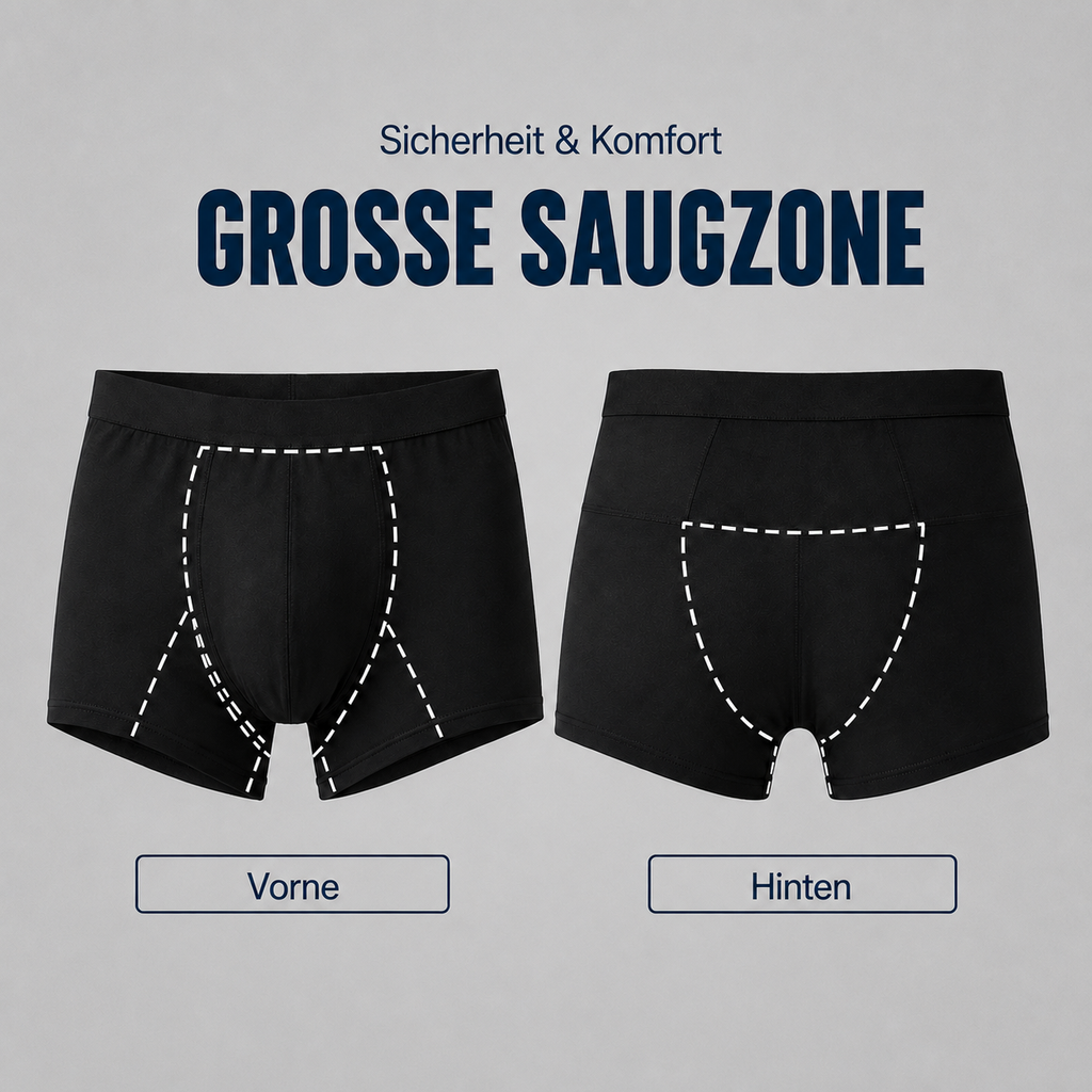 Vorder- und Rückansicht der großen Saugzone bei Herren-Inkontinenz-Boxershorts