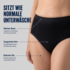 Schwarze Damen-Inkontinenzunterwäsche mit weichem Bund, diskretem Sitz und saugstarkem Kern.