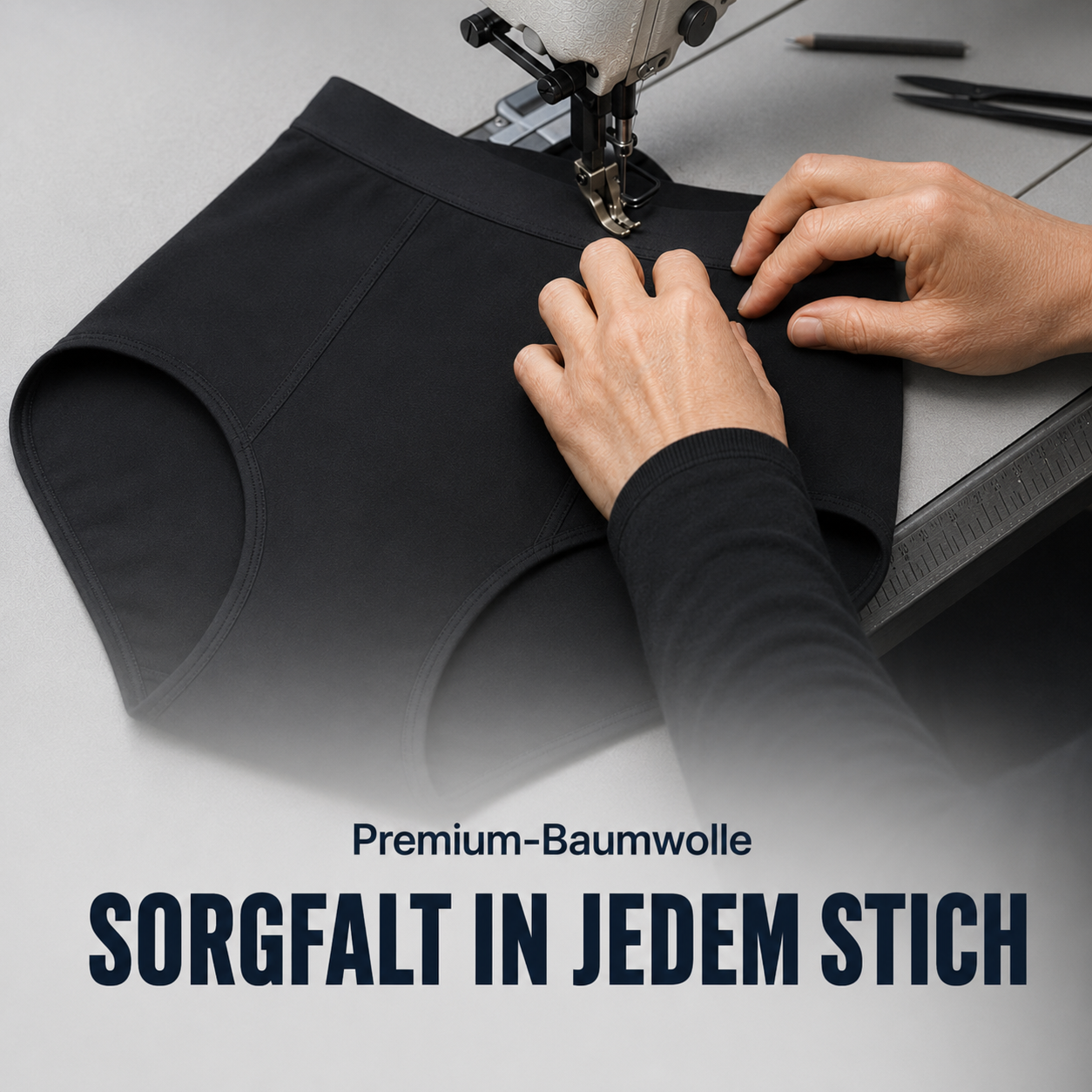 Schwarze Damen-Inkontinenzunterwäsche aus glatter Premium-Baumwolle wird an einer Nähmaschine verarbeitet.