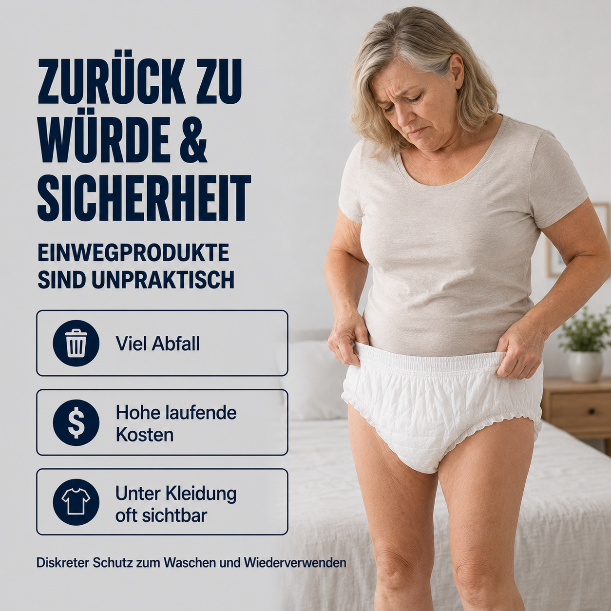 Seniorin mit weißer Einweg-Windel als Vergleich zu waschbarer Damen-Schutzunterwäsche.